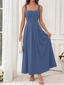 Women Summer Sleeveless Square Neck High Waist Flowy Long Dress Elegant Formal Wedding Guest Cocktail Valentine Long Maxi Dress Outfits - Xám Xanh - Xem 5