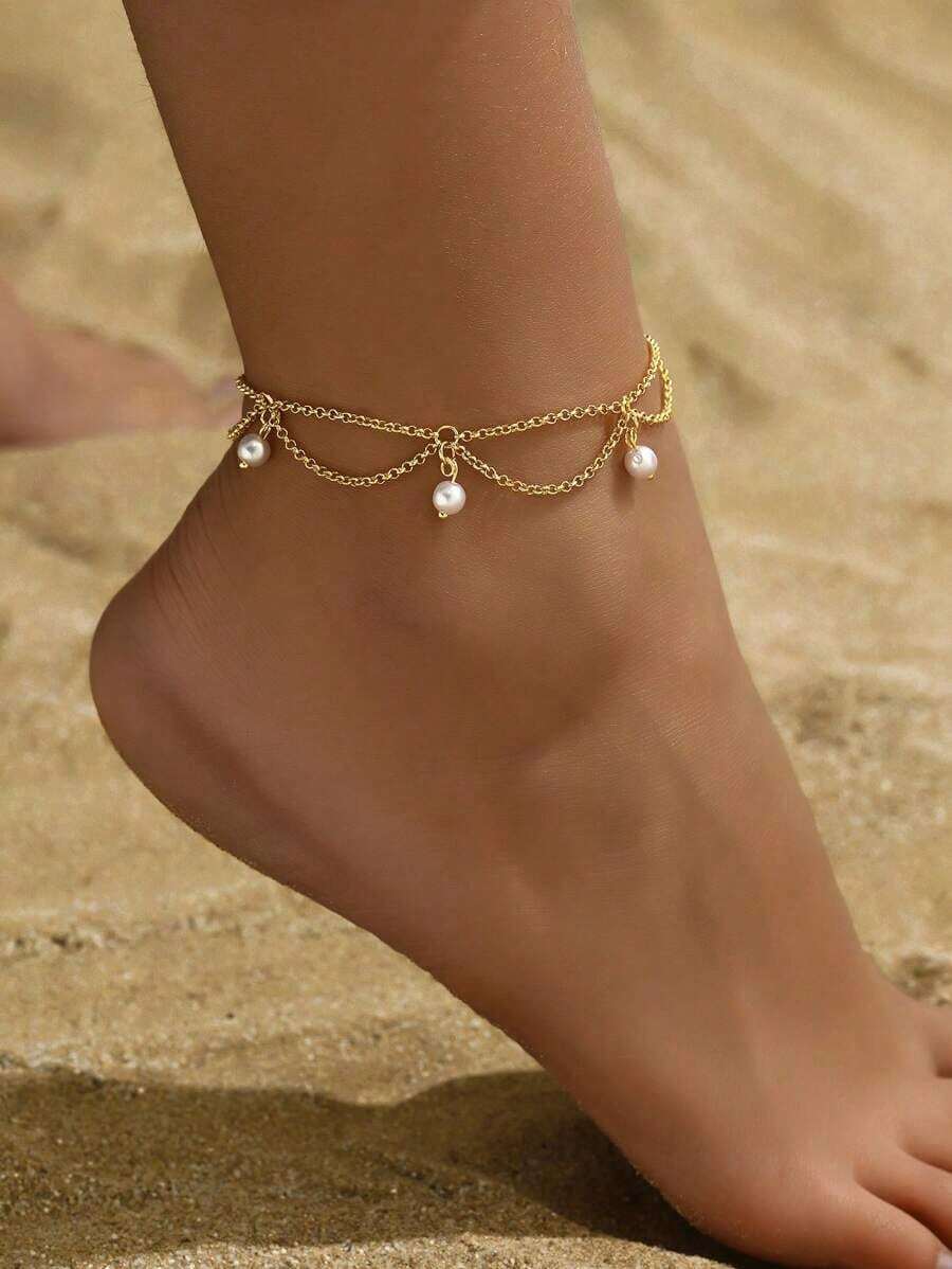 1pc Simple Bohemian Style Faux Pearl & Clover Decor Anklet For Women, Vacation/ Daily Wear/Festival/Date/Wedding Accessory Valentines,Mom,Mother,Mother's Day,Gift - Yellow Gold - View 1