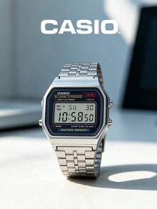 Casio 卡西欧男士经典复古运动腕表 A159WA-N1，黑色表盘，不锈钢表带，日期显示，休闲配饰，男士礼物 - 黑色 - 查看 1
