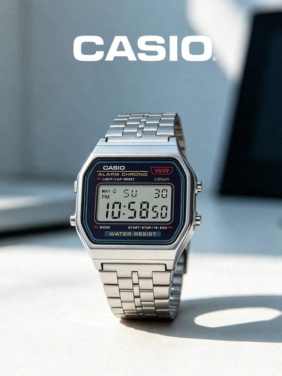 Casio 卡西欧男士经典复古运动腕表 A159WA-N1,黑色表盘,不锈钢表带,日期显示,休闲配饰,男士礼物 - 黑色 - 查看 1