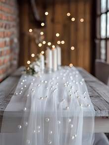 1 Stück zarter romantischer Perlen-Dekor Chiffon Tischläufer, weiß, geeignet für Hochzeit, Paar-Date, Feiertagsparty Dekoration - Imitationsperlennetz - Übersicht 8