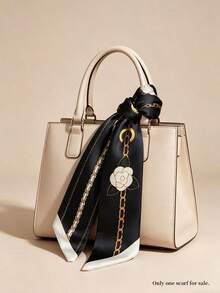 Pañuelo de satén estilo retro francés con camelias en cadena, para uso diario de mujer - Negro - Ver 6