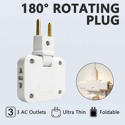 [Best-Seller] 3-Outlet Flat Wall Socket Extender (AC Adapter) - Flat-Plug, Dual-Pin Mini Socket Splitter; Foldable 3-Way Wall Adapter - Ideal For Home & Travel - White (1/2-PCS)