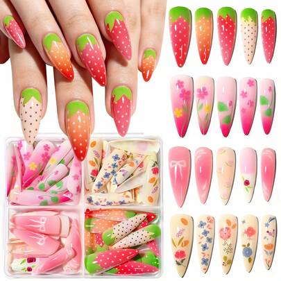 96 chiếc/hộp Móng giả dán màu hồng gradient hình dâu tây dễ thương, họa tiết hoa nhiều màu sắc, móng giả dâu tây phủ kín móng, móng giả màu hồng bóng.