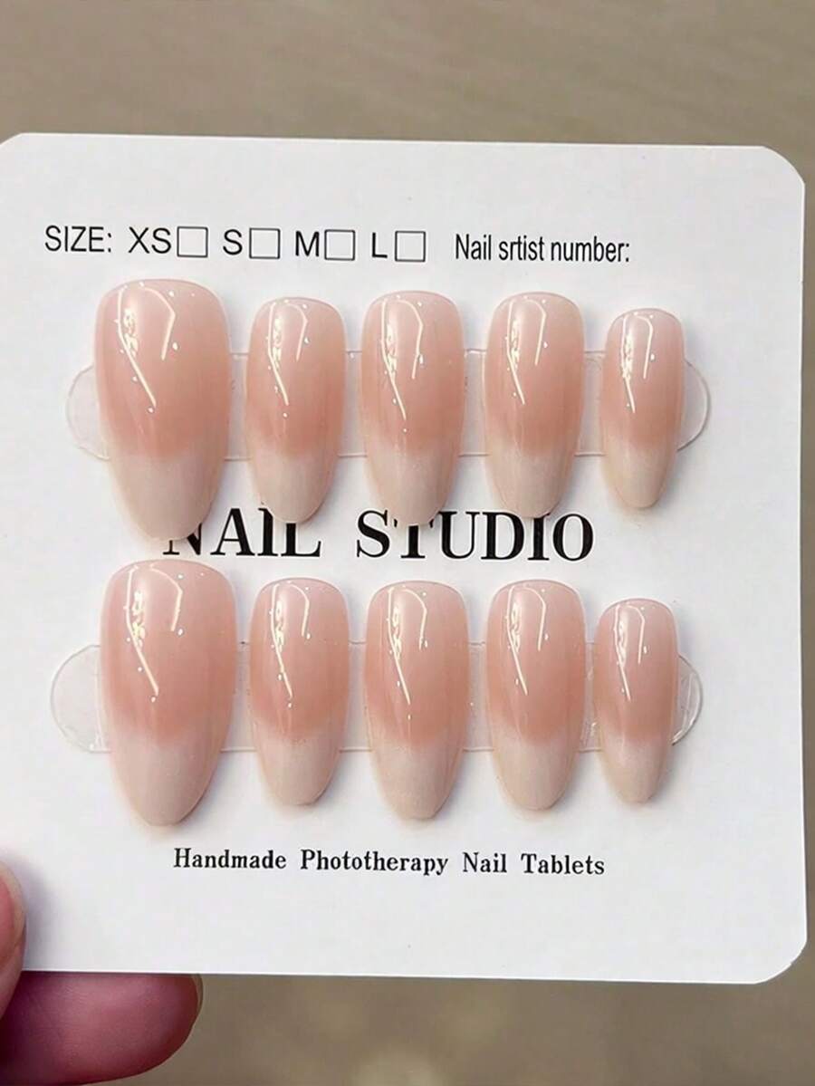 10片Y2K手工奶油白漸層法式美甲貼片，中長杏仁形，含1瓶果凍膠與1個美甲搓條，適合女性與女孩日常配戴、派對聚會美甲 - 杏色 - 查看 1