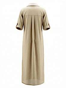 Vestido longo feminino elegante e casual, estilo camisa, vintage, solto, com abotoamento simples, ideal para férias na praia ou como roupa para o Dia das Mães no verão. - Caqui - Ver 7