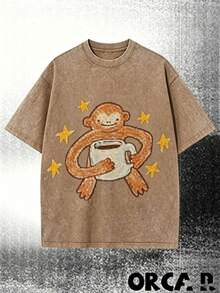 Vintage Washed BlackT-Shirt, Cute Cartoon Monkey With Coffee Cup & Yellow Stars Print Tee,Retro Distressed Oversized Short Sleeve Casual StreetwearTop - 咖啡棕 - 查看 12