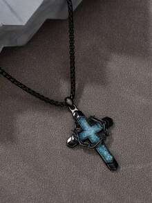 Collar con colgante de cruz de turquesa para hombre, combinado con diseño de corona de espinas y cruz, estilo punk retro, adecuado como regalo - Plata antigua - Ver 6