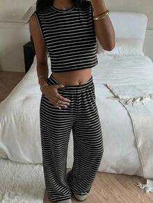 Conjunto de 2 piezas para mujer, top sin mangas a rayas y pantalones, casual - Negro - Ver 5