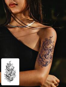 1pc New Chinese Style Fox & Peach Blossom Temporary Tattoo, Niche Elegant & Cool One-Time Use Tattoo Sticker - Black - View 5