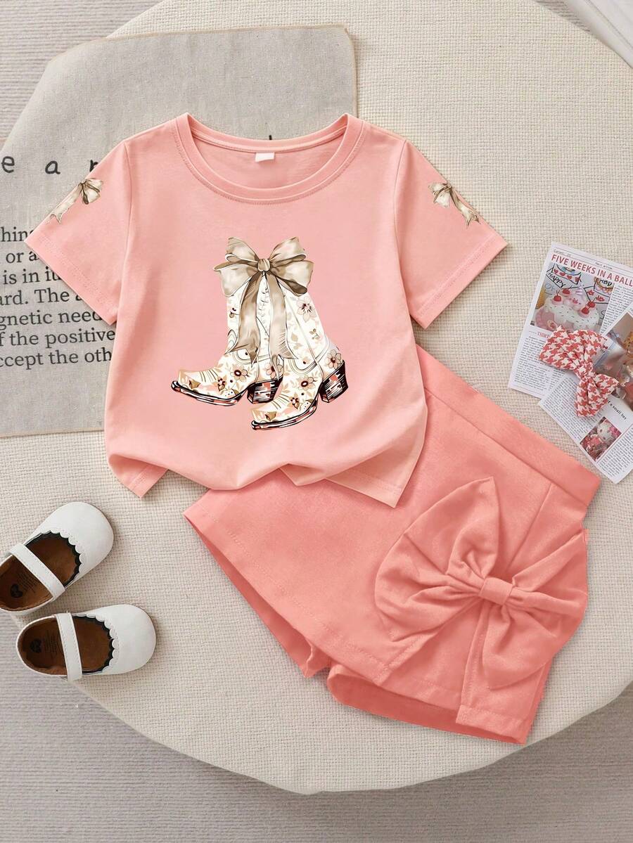 2pcs/Set Pakaian Musim Panas untuk Anak Perempuan Remaja, Termasuk Kaos Lengan Pendek Leher Bulat + Rok Celana dengan Pita Merah Muda, Pakaian Musim Panas yang Nyaman - Berwarna merah muda - View 1