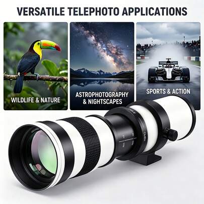 420-800mm F8.3-16 超远摄镜头，T卡口 | 兼容单反/微单相机，手动对焦，铝合金镜身，多层镀膜光学镜片，适用于野生动物、观鸟和风景摄影