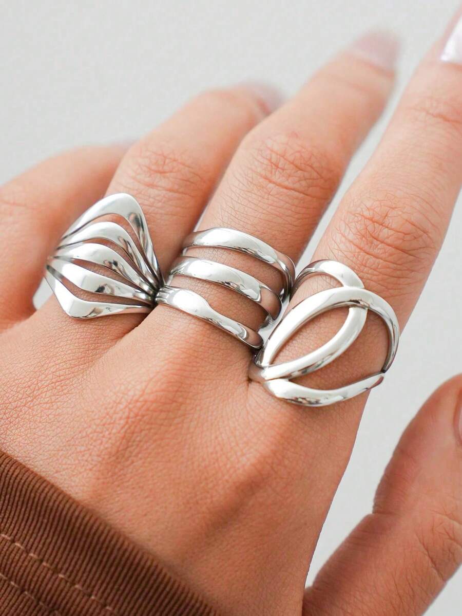 Uself 3 piezas/1 pieza Anillos geométricos de acero inoxidable plateado, regalo del Día de la Madre, adecuado para el 4 de julio, joyería minimalista para mujeres, bajo en alergias, para uso diario y de fiesta, joyería occidental, accesorios de playa para mujeres, regalo del Día del Maestro