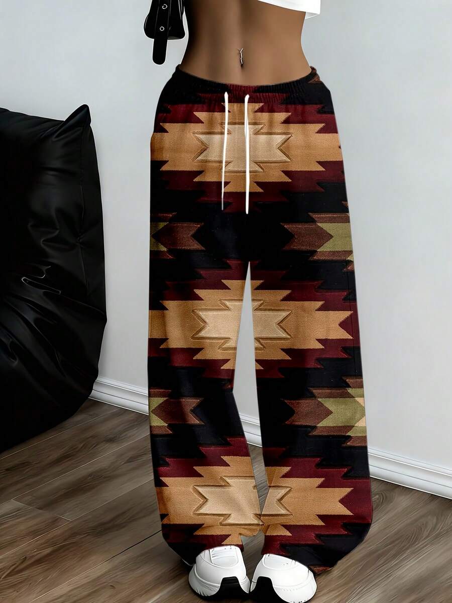 Geometric Patterned Sweatpants With Drawstring Waistband Suitable For Casual And Sports Wear - White - View 1