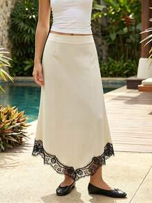 Women Midi Satin Skirt with Asymmetrical Lace Trim Elegant Slim Fit High Rise Skirts for Daily Party - Beis - Ver 3