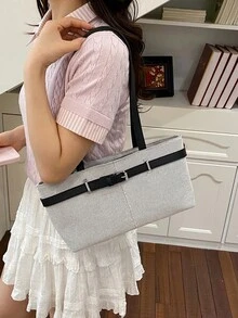 歐美風對比色亞麻女款托特包 2026新款 優雅時尚清新 格紋紋理 大容量單肩腋下托特包 - 黑色 - 查看 10