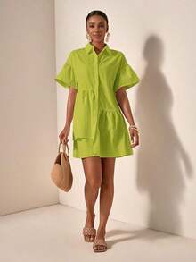 Vestido casual de verano suelto y simple con botones en la cintura - Verde Oliva - Ver 4