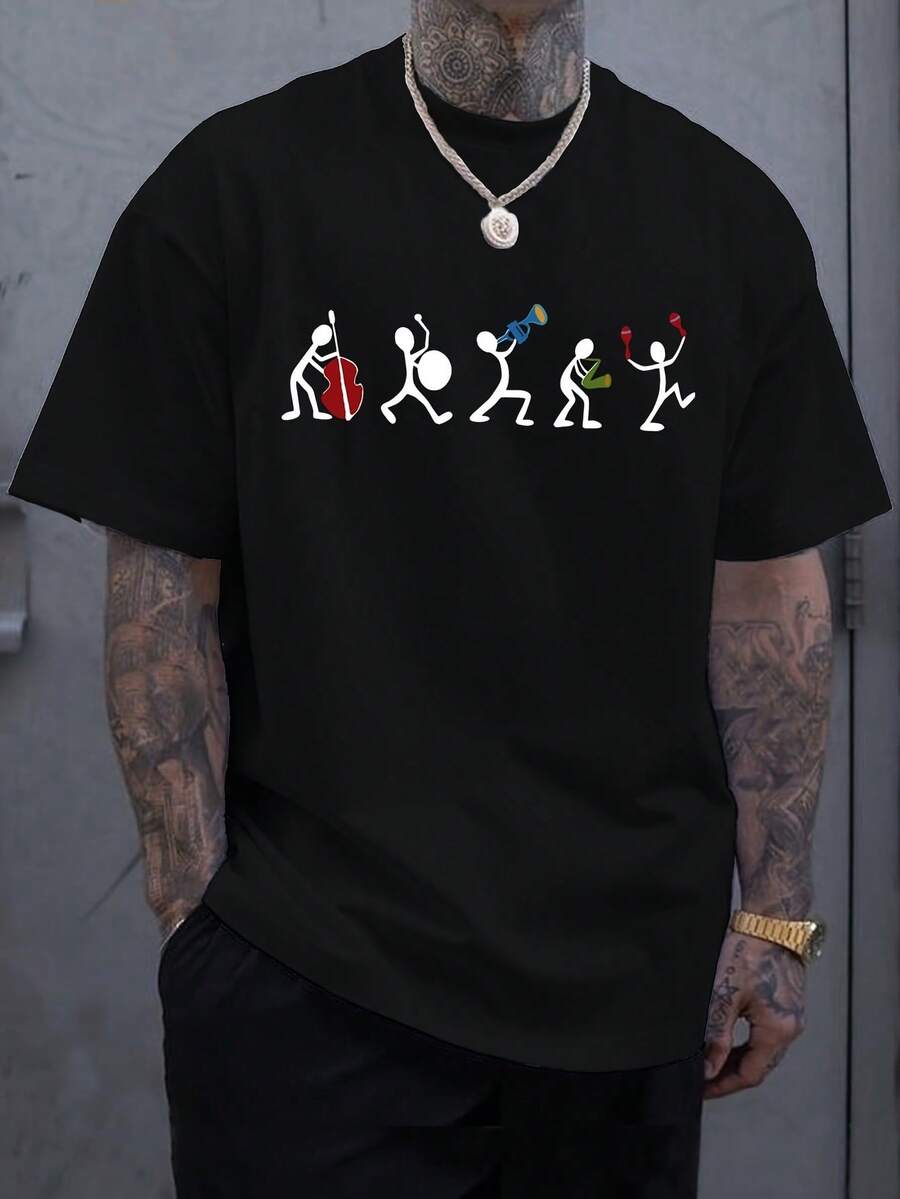 Camiseta para Hombre en Tallas Grandes, con Estampado de Reproductor de Música, Mangas Cortas Cómodas y Cuello Redondo Elástico, Ideal para Uso Casual - Negro - Ver 1