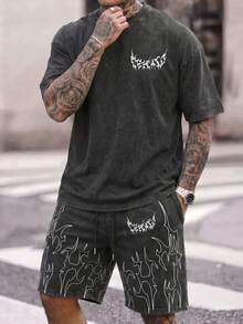 Fractyr Men's Washed Graphic Black Gothic Text & Flame Print Short Sleeve T-Shirt + Drawstring Shorts 2-Piece Casual Sportswear Set, Summer - Black - View 5