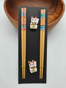 2 Pairs Japanese Natural Bamboo Chopsticks With 2 Bamboo Chopstick Rests Set, Japanese Print Bamboo Chopsticks And Natural Wooden Chopstick Holder - Multicolor - View 34