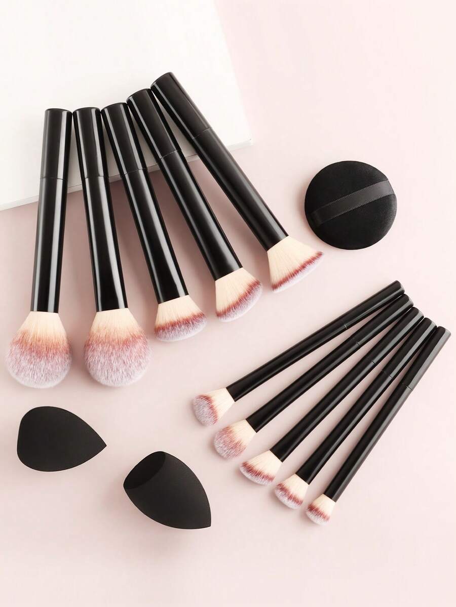 Bộ cọ trang điểm cán đen ombre mềm mại, gồm cọ đánh phấn phủ/má hồng/kem nền + cọ đánh phấn mắt/cọ chi tiết + bông mút trang điểm, bộ trang điểm đa năng dùng được cả khô và ướt. - màu đen - Xem 1
