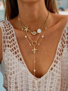 1pc Exquisite Starfish, Seashell & Faux Pearl Multilayer Metal Necklace, Suitable For Gifts, Gatherings, Beach Vacations, Anniversaries, Dates And Other Occasions For Women - Multicolor - View 4