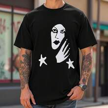 Casual black t shirt with abstract face and 2 stars print, daily street wear. - Negro - Ver 2