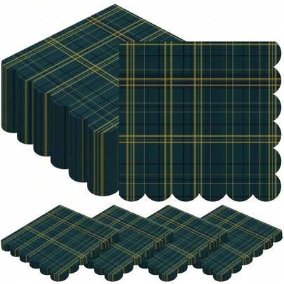 20pcs/40pcs/60pcs,Hunter Green Tartan Plaid Napkins,2-Ply Elegant Scalloped Edge Disposable Paper Napkins With Gold Accents - Traditional Scottish Plaid Table Decor,Dark Green & Gold Tartan Holiday Tissues With Scalloped Trim For Formal Dinner & Weddings,13*13inch
