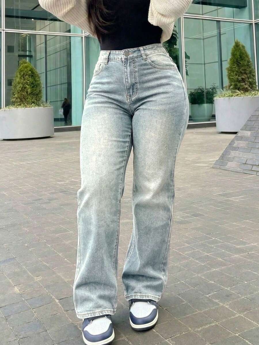女款復古寬鬆男友風直筒牛仔褲休閒秋季款 - 淺色水洗藍 - 查看 1