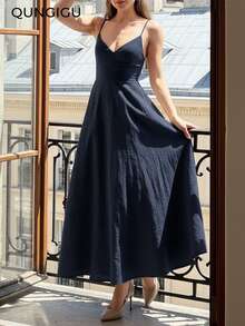 QUNGIGU Vestido de mujer elegante de longitud media con tirantes finos, falda de línea A con textura de lino y cuello en V, vestido de verano fluido y sin espalda para boda, fiesta de cóctel y playa - Azul Marino - Ver 3
