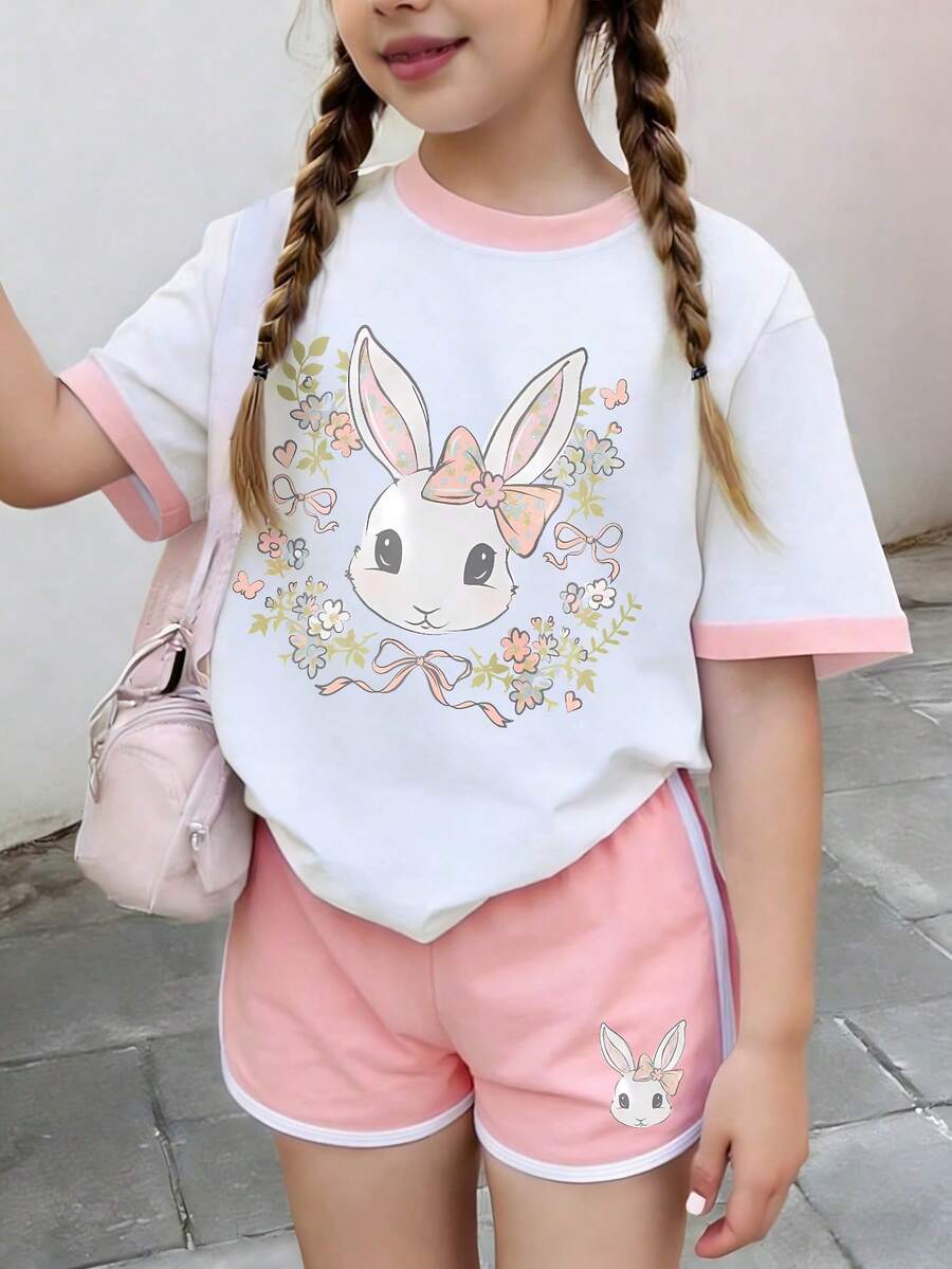 可爱卡通兔子和碎花圆领T恤+短裤两件套,适合青少年女孩的舒适夏季服装 - 彩色 - 查看 1