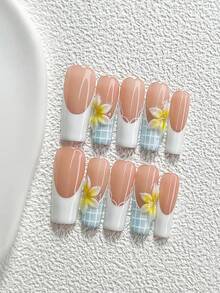 10件套温柔度假风手工美甲套装，Unghie按压式美甲贴片，手工雕刻花瓣和线条美甲装饰，蓝白指甲油，清新夏日风格，附赠美甲工具（1张果冻贴片+1把指甲锉），3种尺寸可选：杏仁形、鸭形、棺材形美甲，适合聚会、日常、派对、拍照、玩乐、春夏、通勤等场合。 - 彩色 - 查看 4