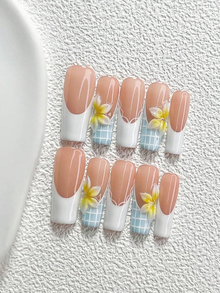 10個 ハンドメイド プレスオンネイル、ポリジェルネイルアートセット
