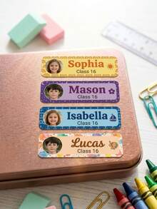 30 piezas/60 piezas/120 piezas Etiquetas personalizadas con foto y texto, Pegatinas escolares personalizadas, Etiquetas de nombre personalizadas, Etiquetas lindas para guardería, Diseño de foto y texto, Rectangular, Para padres y maestros - Modelo 2 - Ver 5