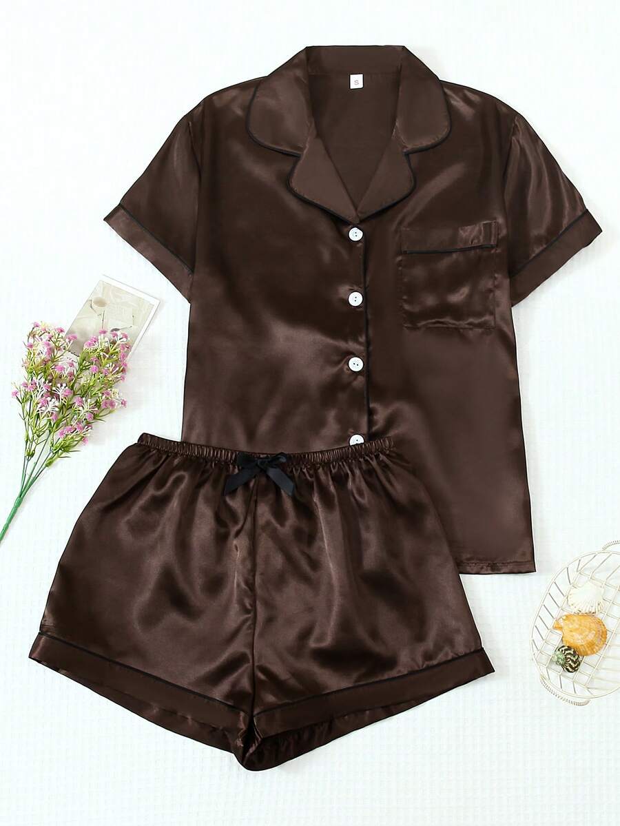 2 Potong Set Piyama Satin, Atasan Lengan Pendek Berkerah dan Celana Pendek Berpita, Pakaian Tidur Wanita - Coffee Brown - View 1