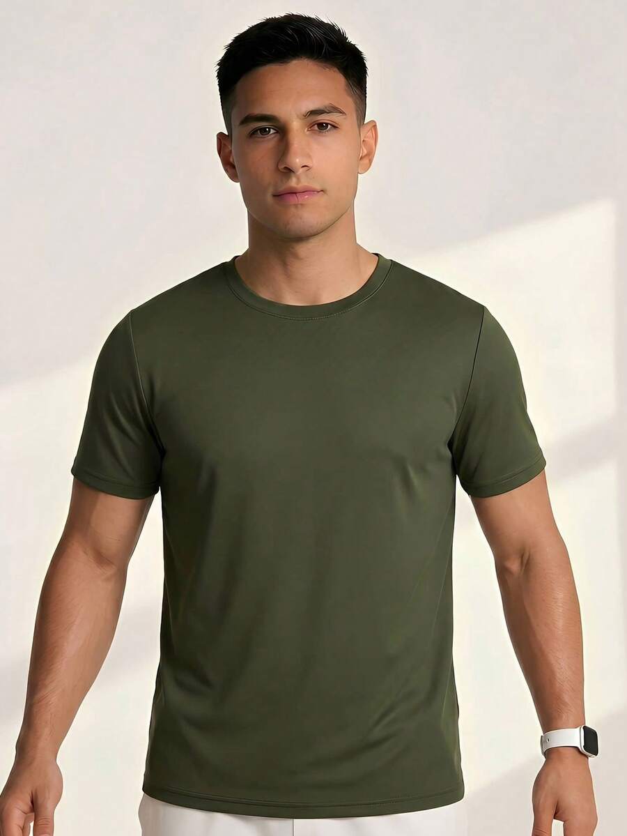 Driftmere Men's Casual Solid Color Short Sleeve T-Shirt, Comfortable & Breathable, Summer Style Gym Sport Workout - Army Green - View 1