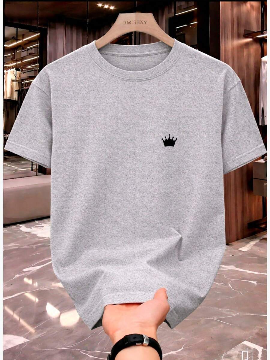 Men's/Unisex Printed Shirt With Crew Neck, 100% Cotton - Light Grey - View 1