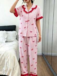 Dreamivo 2pcs Women Pajama Set, Pink Striped Floral Print Ruffle Trim Short Sleeve Top And Pants Sleepwear Set, Lapel Collar Comfortable Soft Short Sleeve Button-Up Shirt And Elastic Waist Pants, Casual Loungewear - Pink - View 4