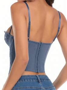 1 pieza Camiseta de encaje y malla linda, Top de fiesta y clubwear con tirantes finos para mujer, Azul claro - Azul - Ver 3