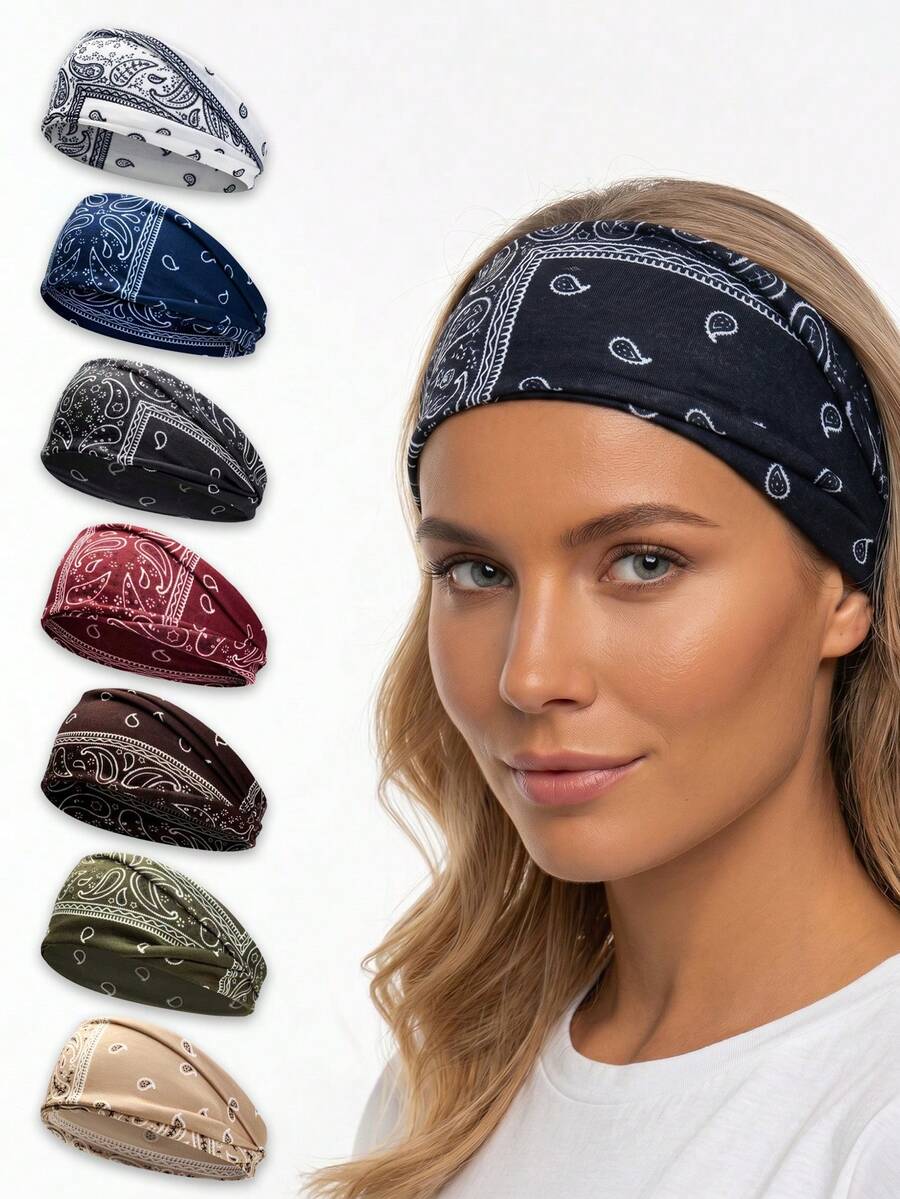 1/7pcs Bohemian Style Headbands, Elastic Non-Slip Knotted Headbands, Paisley Print & Solid Color, Suitable For Daily Yoga, Running, Workout - Multicolor - View 1