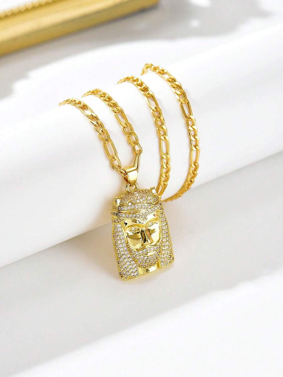 1pc Women's Street Hip-Hop Style Jesus Head Pendant Necklace, Party Fashion Shiny Accessory, Christian Neck Jewelry, Suitable For Street Wear And Holiday Celebration - Yellow Gold - View 1