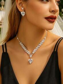 Bộ 3 món bông tai và dây chuyền hình trái tim lấp lánh đính đá Zirconia, trang sức cao cấp thanh lịch. - Bạc - Xem 6