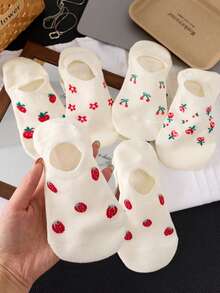 5 Pairs Cherry & Strawberry Pattern White Women's Boat Socks, Non-Slip, Breathable, Suitable For Spring/Summer - White - View 3
