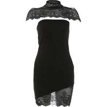 Vestido Kliou de encaje con patchwork + chal de cuello alto para mujer, con escote envolvente, sin espalda, ajustado, con realce de cadera, para fiesta nocturna, minivestido de moda ajustado. - Negro - Ver 4