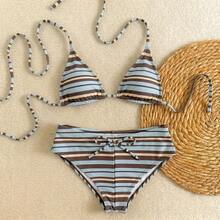 New Sexy Polka Dot Print Backless Bow Tie Bikini Set, Spaghetti Strap Summer Beach Swimwear For Pool Party Vacation - Blue - View 5