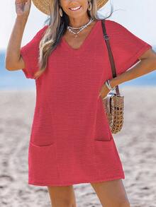 Summer Women's V-Neck Waffle Knit Dress Loose Short Sleeve Mini Dress With Pockets Casual Beach Cover-Up Dress Casual Split  Beach  Vacation - 玫紅色 - 查看 1