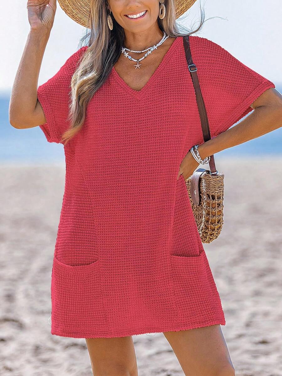 Summer Women's V-Neck Waffle Knit Dress Loose Short Sleeve Mini Dress With Pockets Casual Beach Cover-Up Dress Casual Split Beach Vacation - 玫紅色 - 查看 1