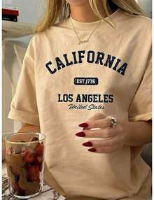 Playera de algodón suave para mujer Deyin Women's Vintage California Los Angeles Graphic T-Shirt - Cuello redondo casual, manga corta, algodón, lavable a máquina, estampado EST 1776. La tela 100% algodón es suave y transpirable. Playera casual de cuello redondo 100% algodón - 365T - Tops de verano para mujer - Tops para mujer - Nuevos conjuntos de verano 2026 para mujer - Top blanco. - Albaricoque - Ver 1