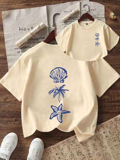 Áo thun ngắn tay cổ tròn in họa tiết phong cách thường ngày cho bé gái tuổi teen, áo mùa hè.