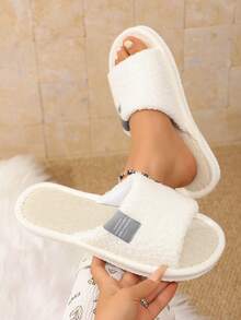 Open-Toe Plush Slippers For Women, Comfortable Breathable Linen Sole Indoor Slippers For Home, Dorm, All Seasons - White - View 6